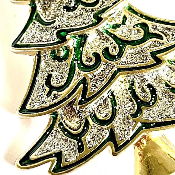Vintage Christmas Tree Brooch Pin Green Enamel Glitter Gold Tone Plated - Picture 10 of 13
